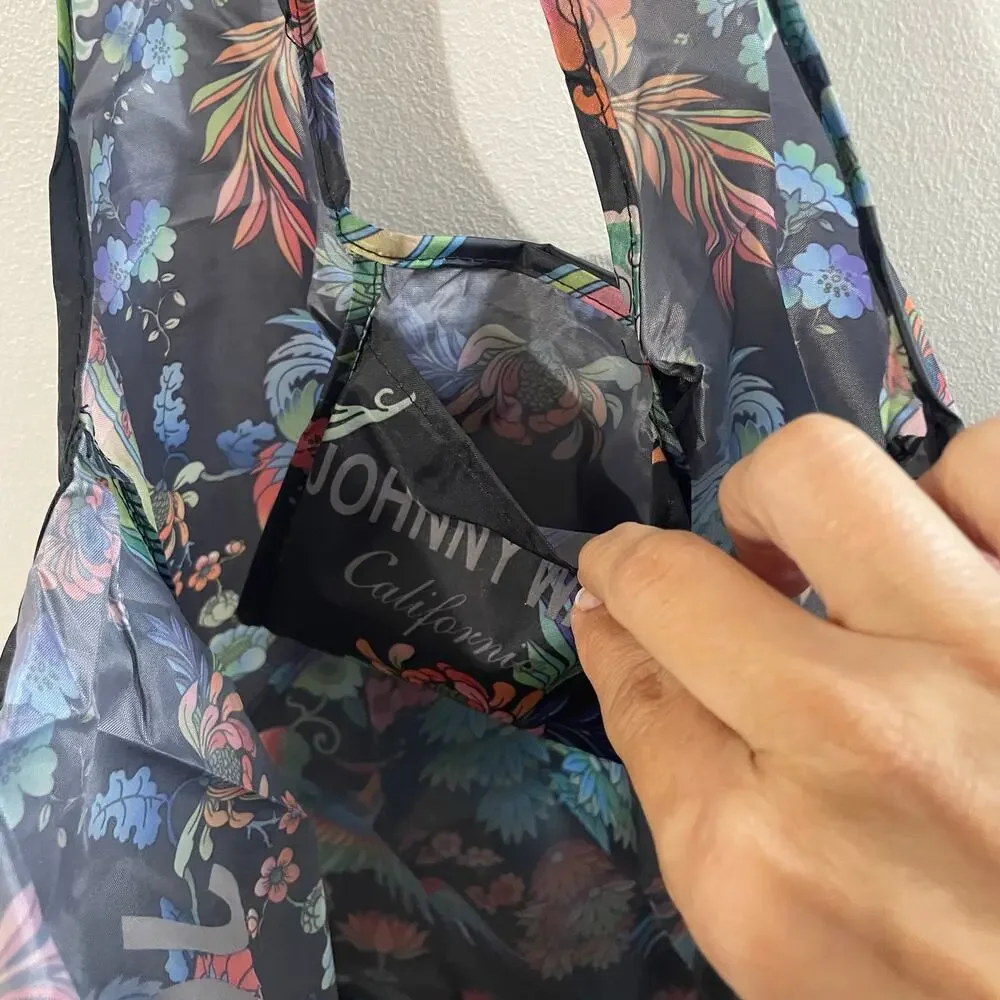 Johnny Was Packable Reuseable Shopping Tote Black Floral Women's Double Handles - Picture 8 of 8